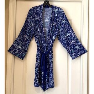 Natori Blue Floral Robe Women Sz L Loungewear‎ Long Sleeve Belted Dressing Gown
